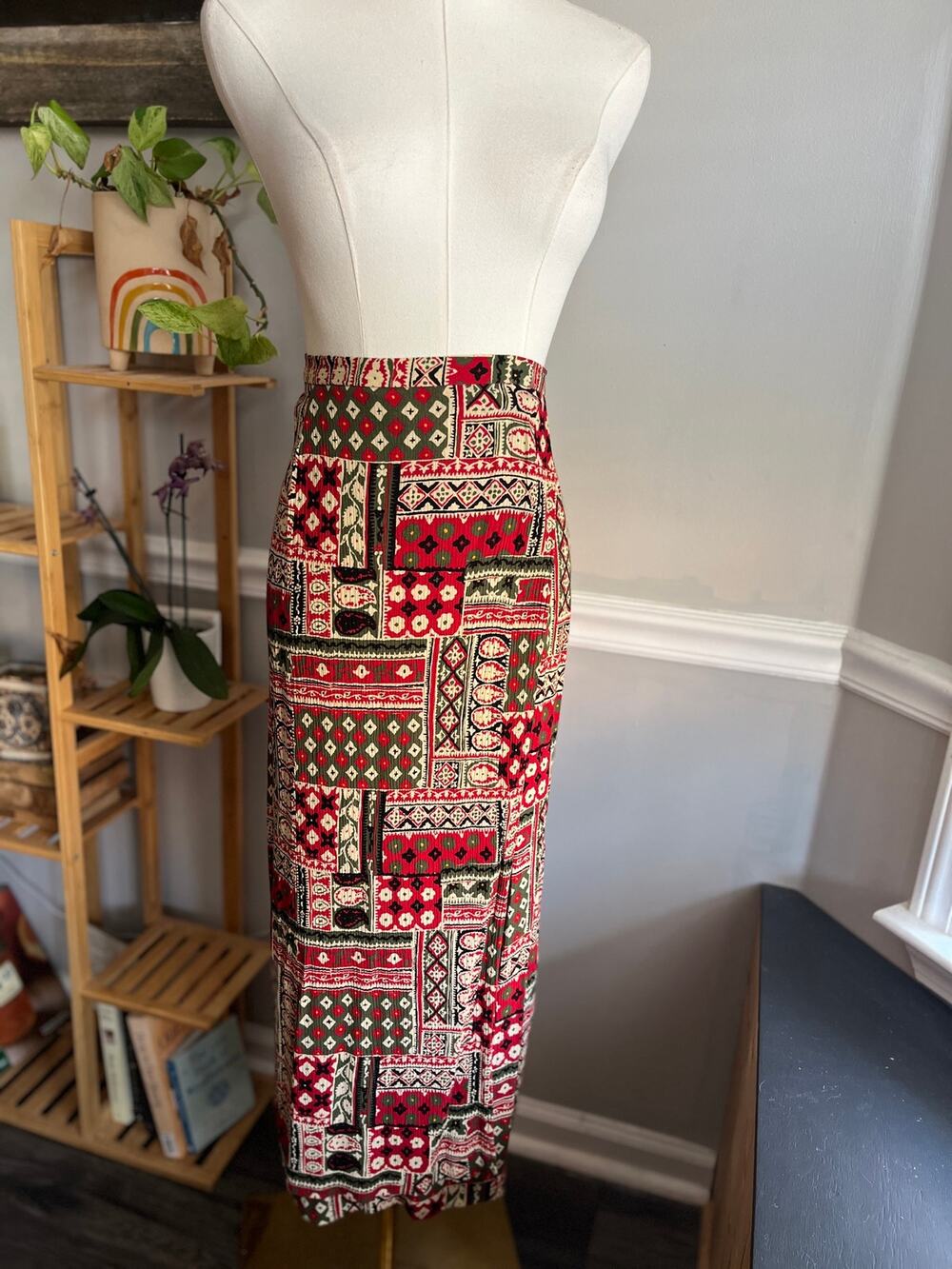 Vintage 90s Patchwork Midi Skirt Faux Wrap Red Green Size Medium